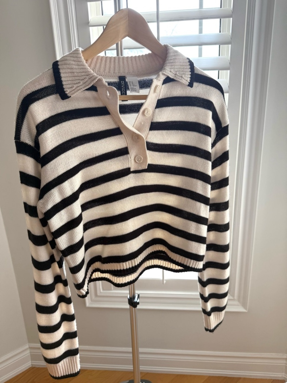 H&M Cream and Black Striped Knit Polo Sweater - Women